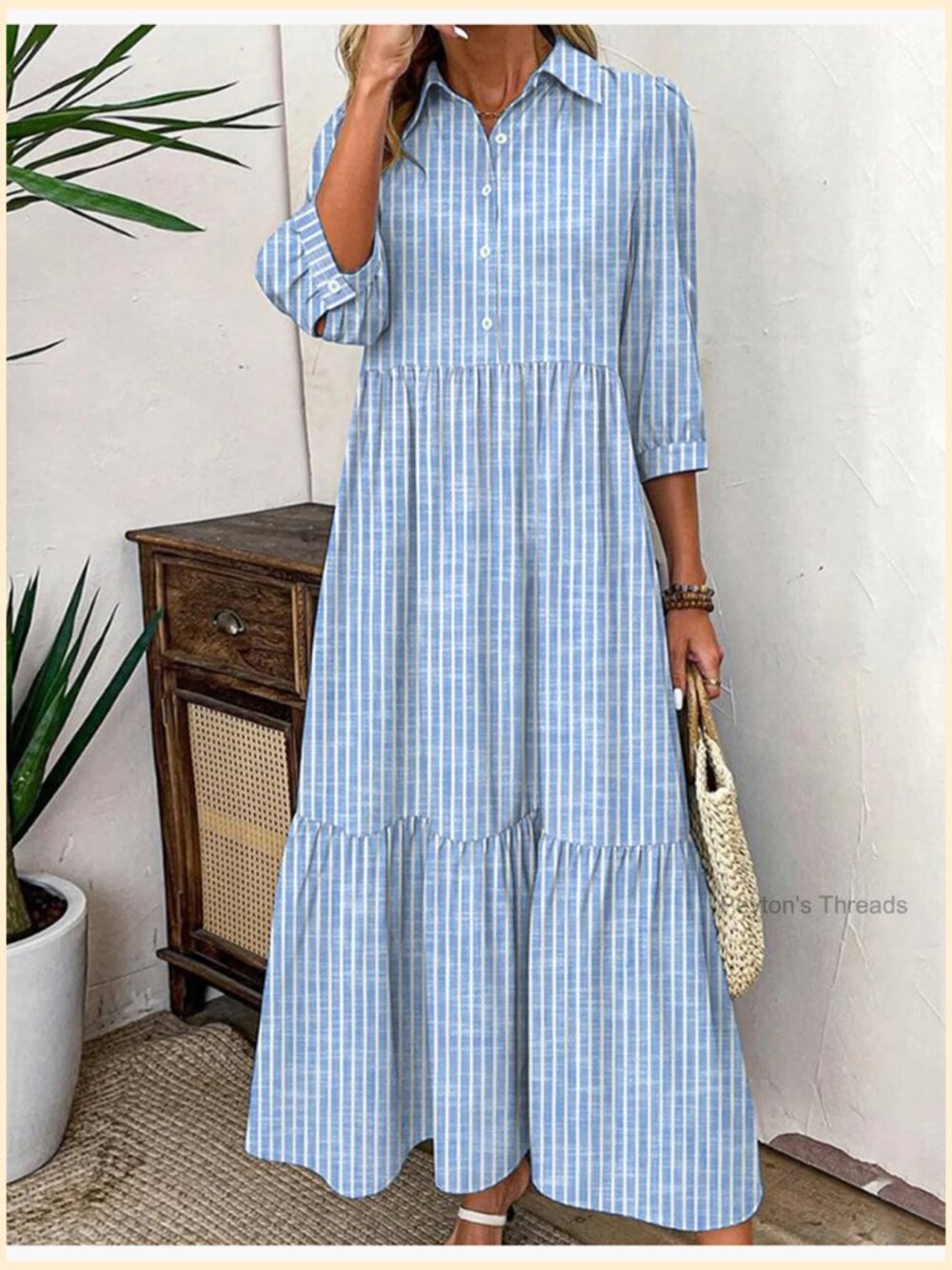 Striped Shirt Maxi Dress with Pockets 3/4 Sleeve V-Neck - Picture 7 of 7